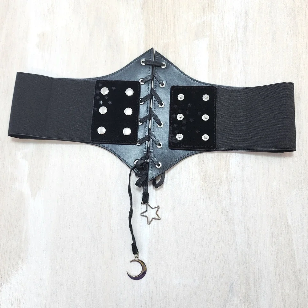 Black Velvet Celestial Moon Star Lace Up Corset Waist Belt Gothic Witchy Cinch S
